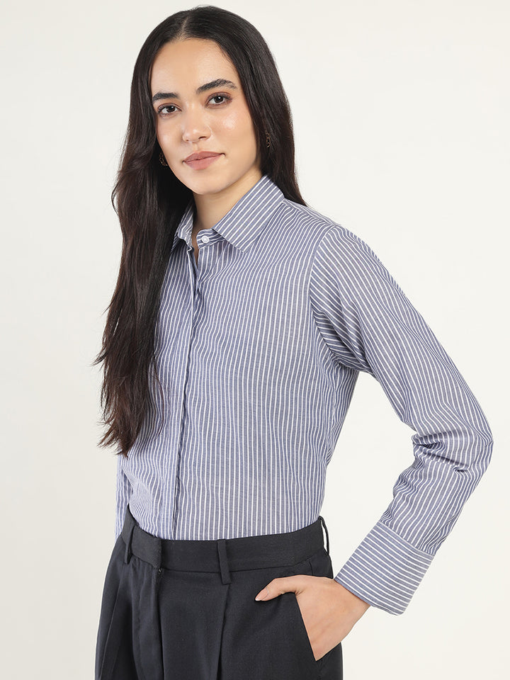 Women Navy & White Striped Pure Cotton Regular Fit Formal Shirt