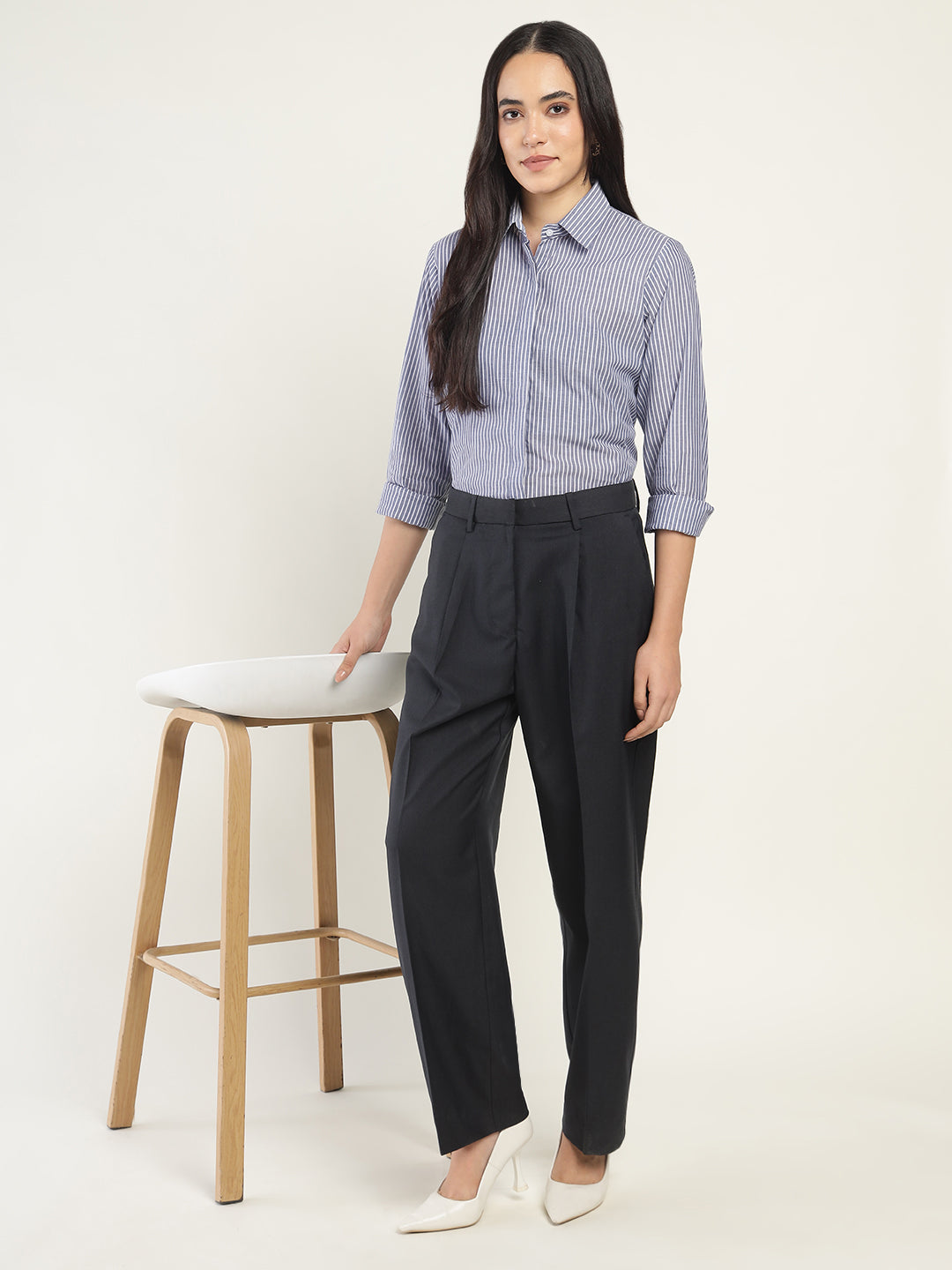 Women Navy & White Striped Pure Cotton Regular Fit Formal Shirt