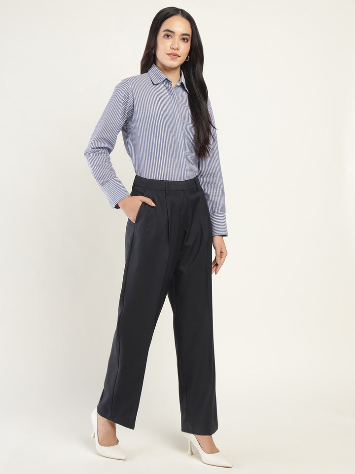 Women Navy & White Striped Pure Cotton Regular Fit Formal Shirt