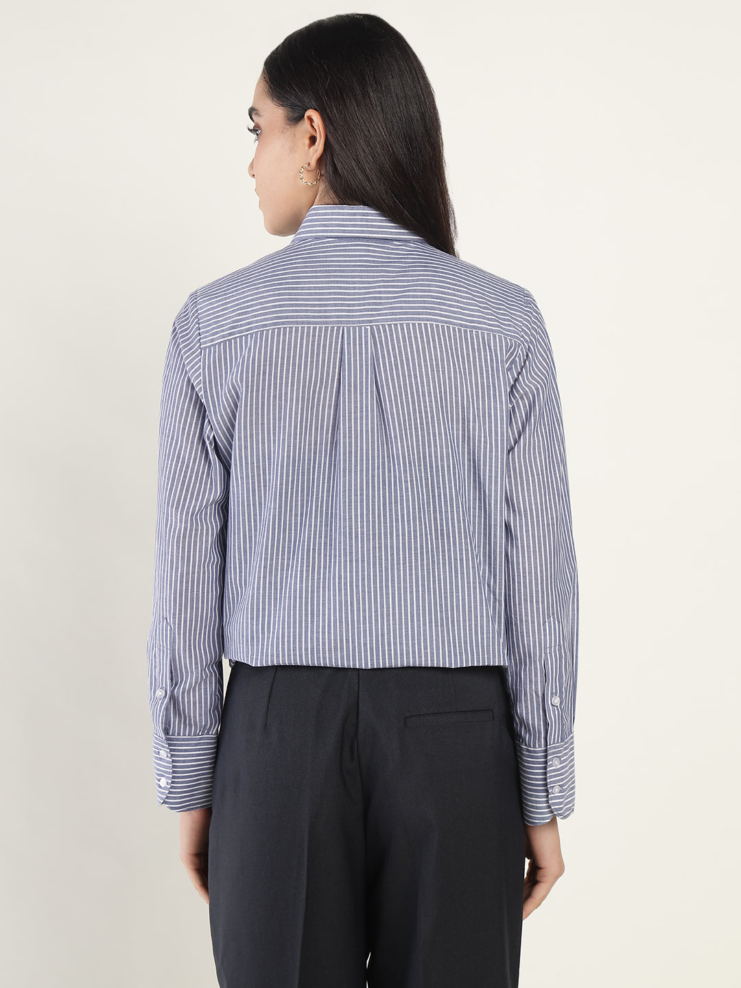 Women Navy & White Striped Pure Cotton Regular Fit Formal Shirt