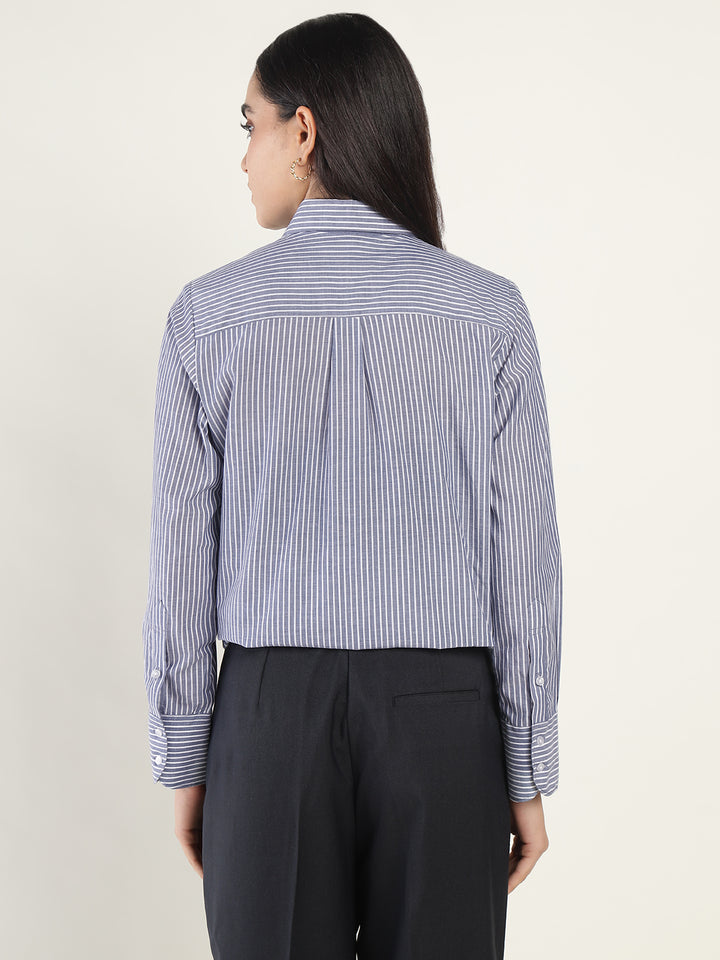 Women Navy & White Striped Pure Cotton Regular Fit Formal Shirt