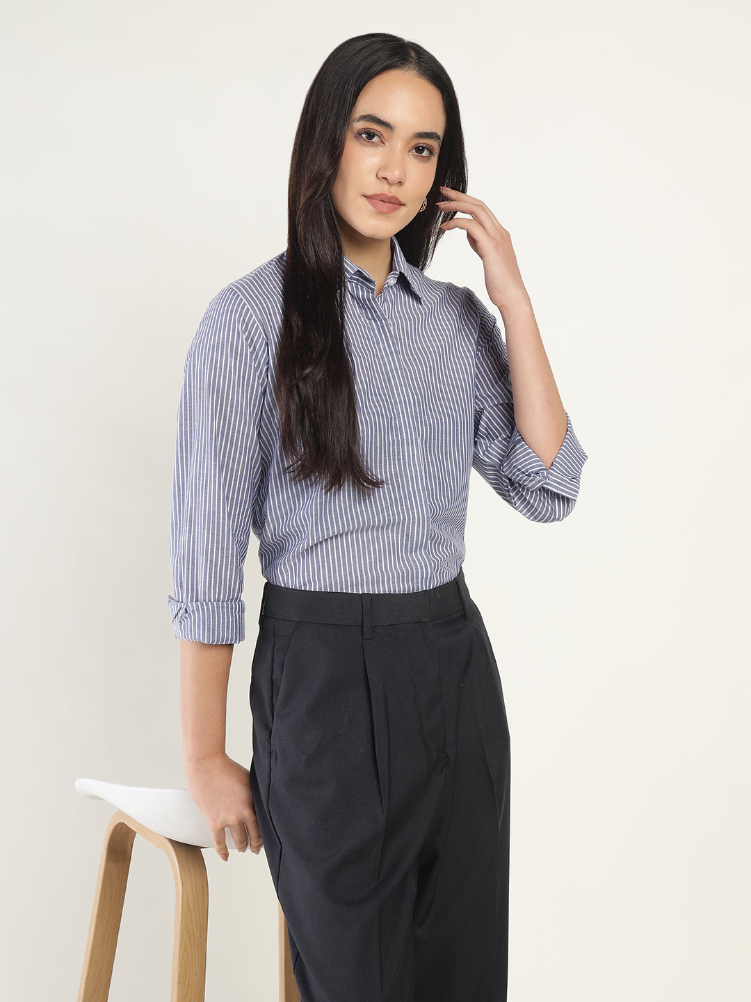 Women Navy & White Striped Pure Cotton Regular Fit Formal Shirt