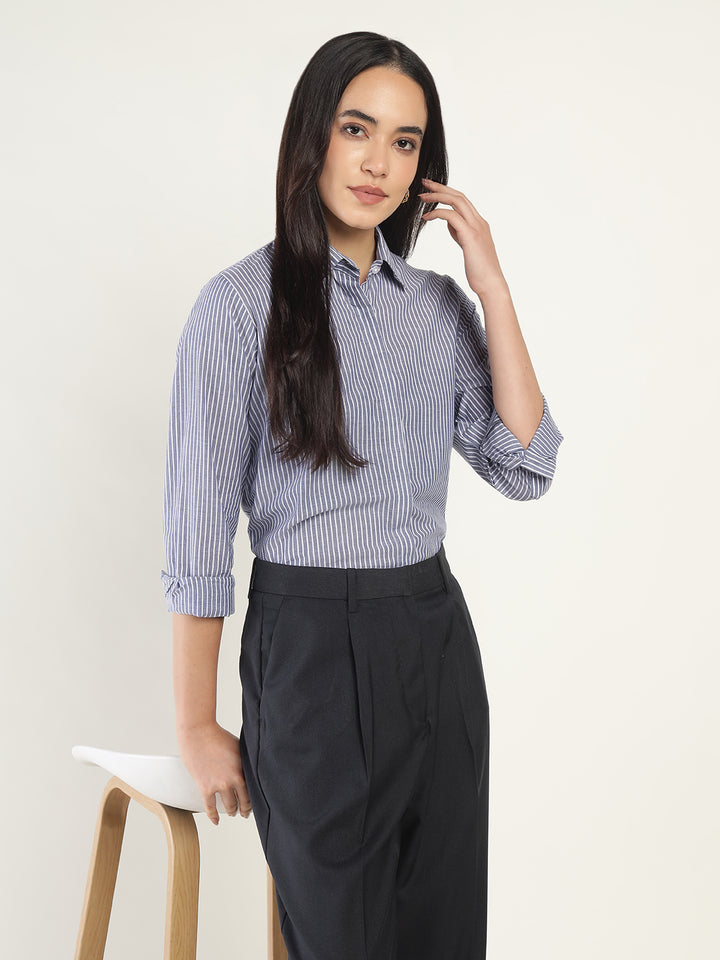 Women Navy & White Striped Pure Cotton Regular Fit Formal Shirt