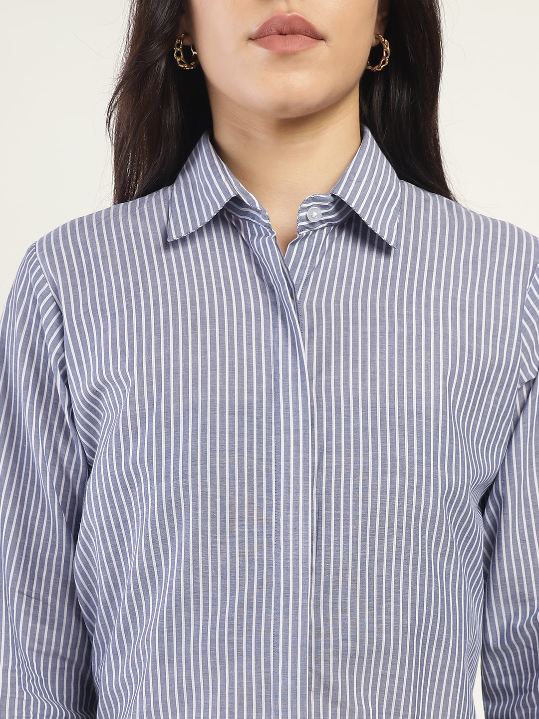 Women Navy & White Striped Pure Cotton Regular Fit Formal Shirt