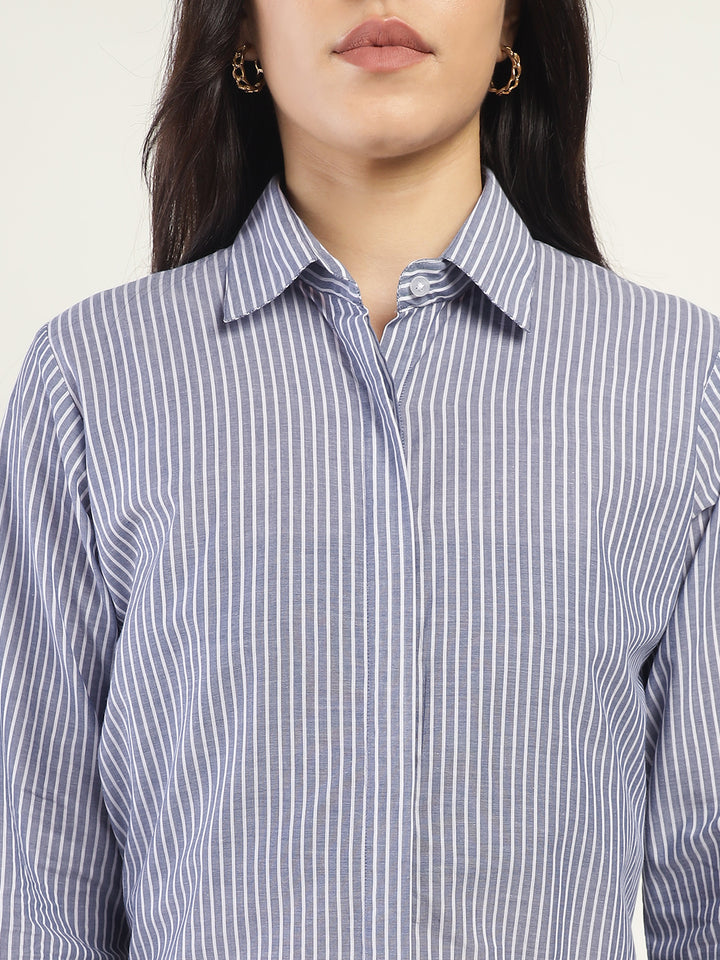 Women Navy & White Striped Pure Cotton Regular Fit Formal Shirt