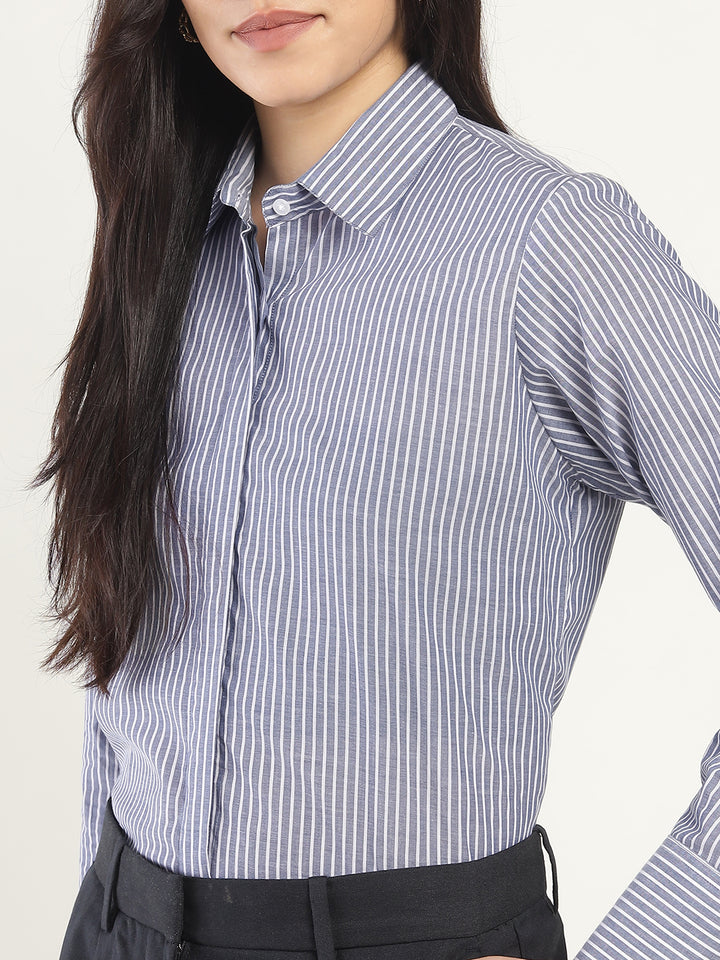Women Navy & White Striped Pure Cotton Regular Fit Formal Shirt