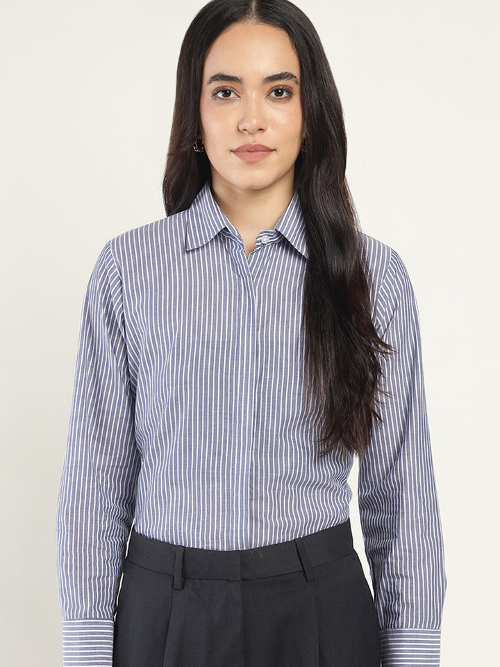 Women Navy & White Striped Pure Cotton Regular Fit Formal Shirt