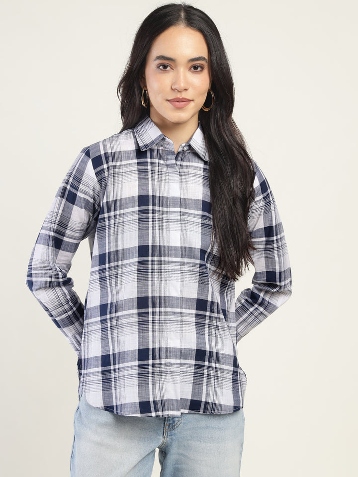Women White & Navy Checked Pure Cotton Relaxed Fit Formal Shirt