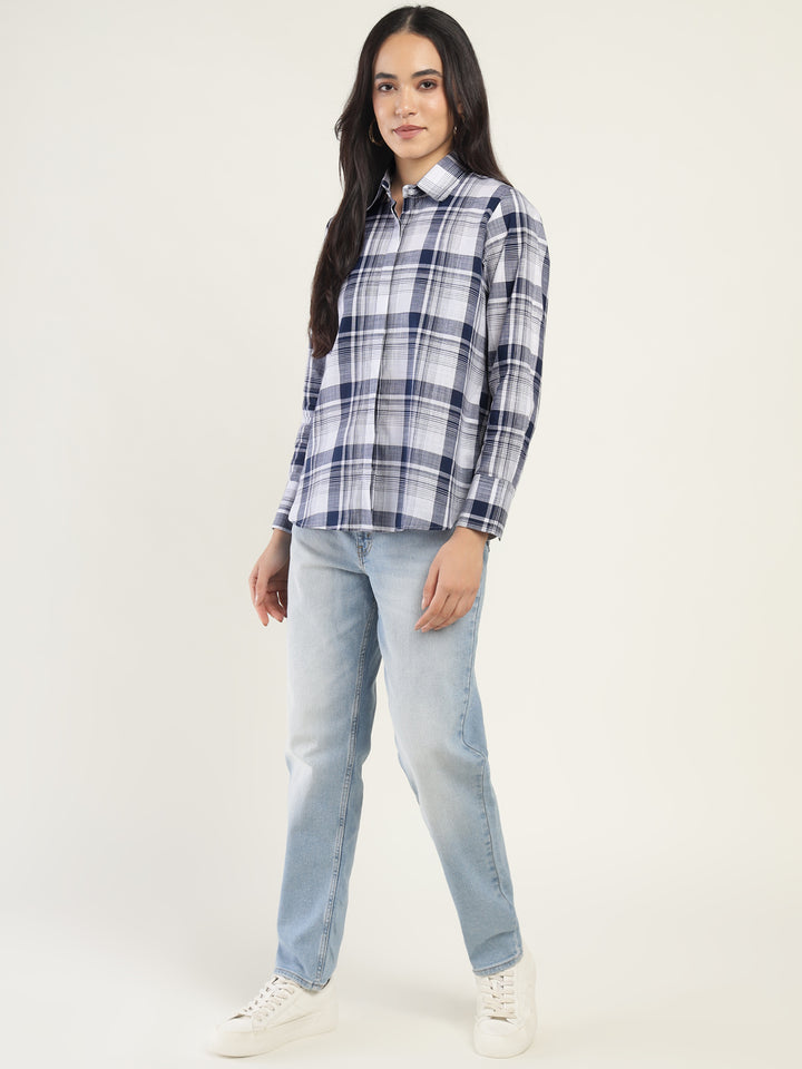 Women White & Navy Checked Pure Cotton Relaxed Fit Formal Shirt