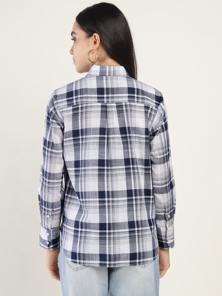 Women White & Navy Checked Pure Cotton Relaxed Fit Formal Shirt