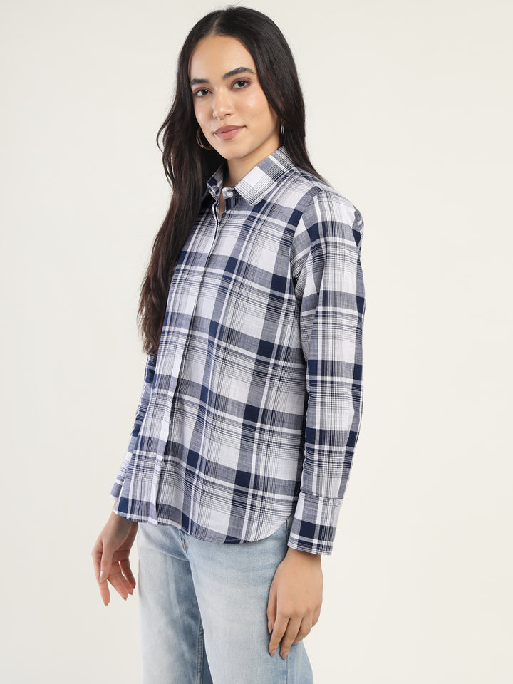 Women White & Navy Checked Pure Cotton Relaxed Fit Formal Shirt