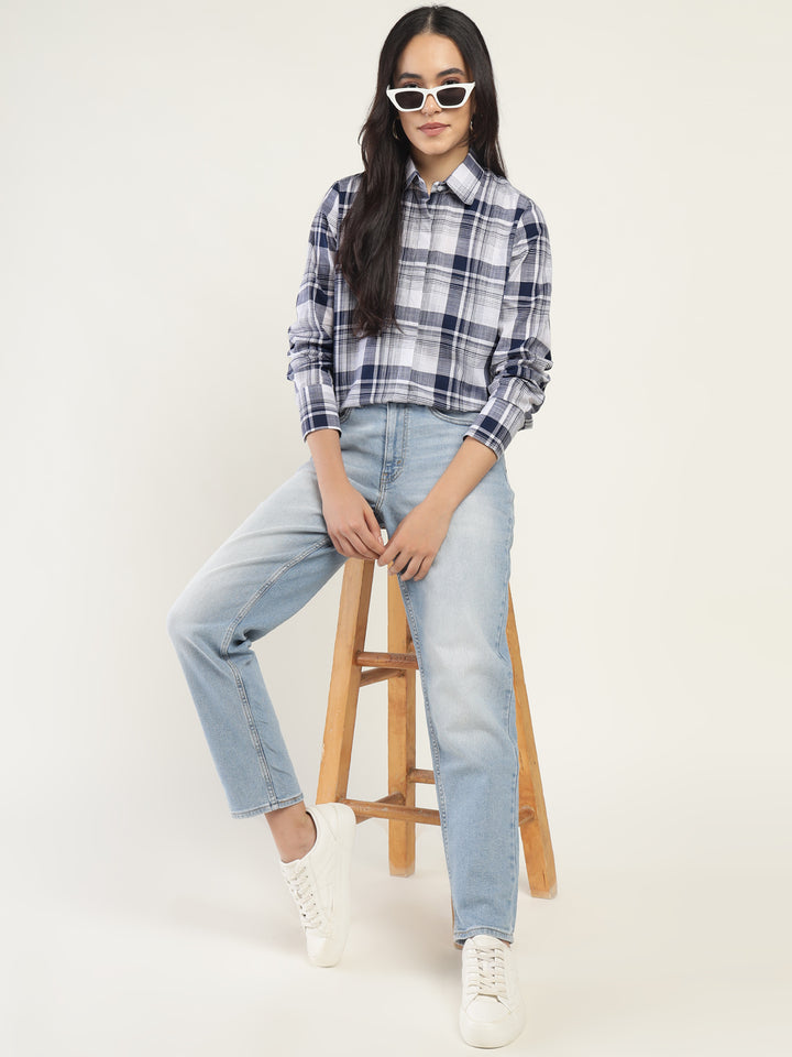 Women White & Navy Checked Pure Cotton Relaxed Fit Formal Shirt