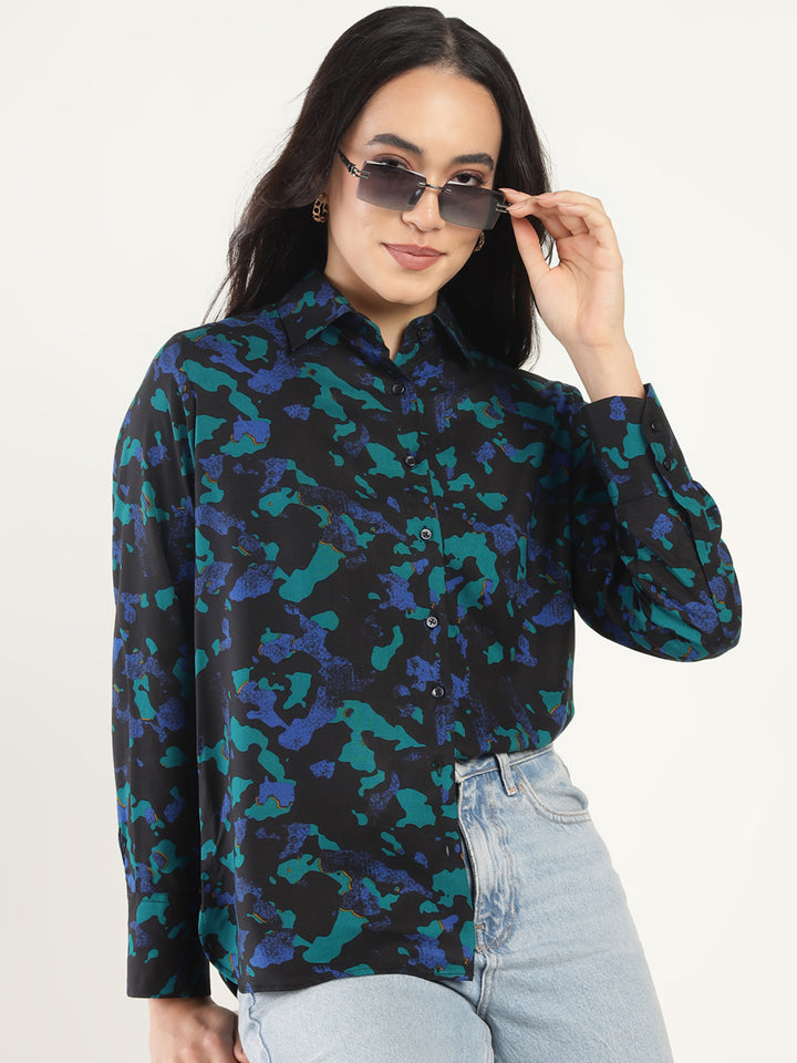 Women Black & Turquoise Blue Printed Viscose Rayon Relaxed Fit Casual Shirt