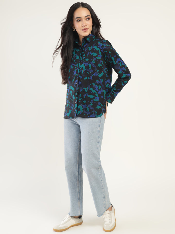 Women Black & Turquoise Blue Printed Viscose Rayon Relaxed Fit Casual Shirt