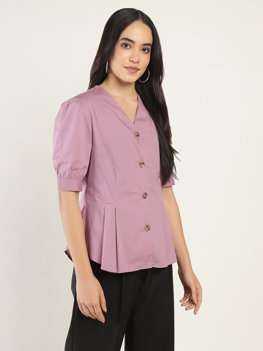 Women Light Purple Solid Cotton Elastene Regular Fit Formal Shirt
