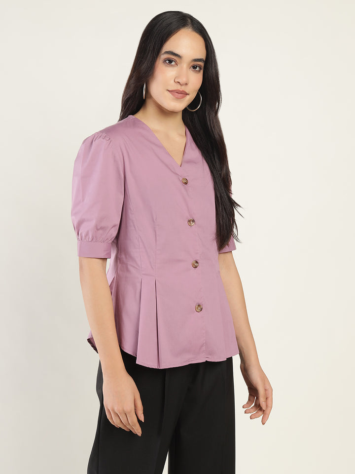 Women Light Purple Solid Cotton Elastene Regular Fit Formal Shirt
