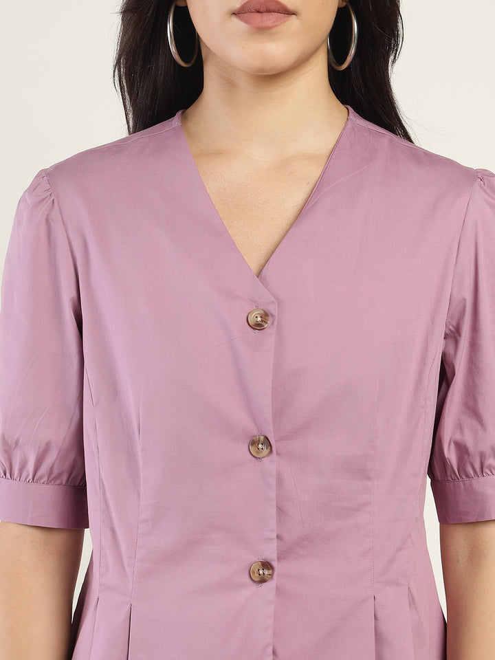 Women Light Purple Solid Cotton Elastene Regular Fit Formal Shirt