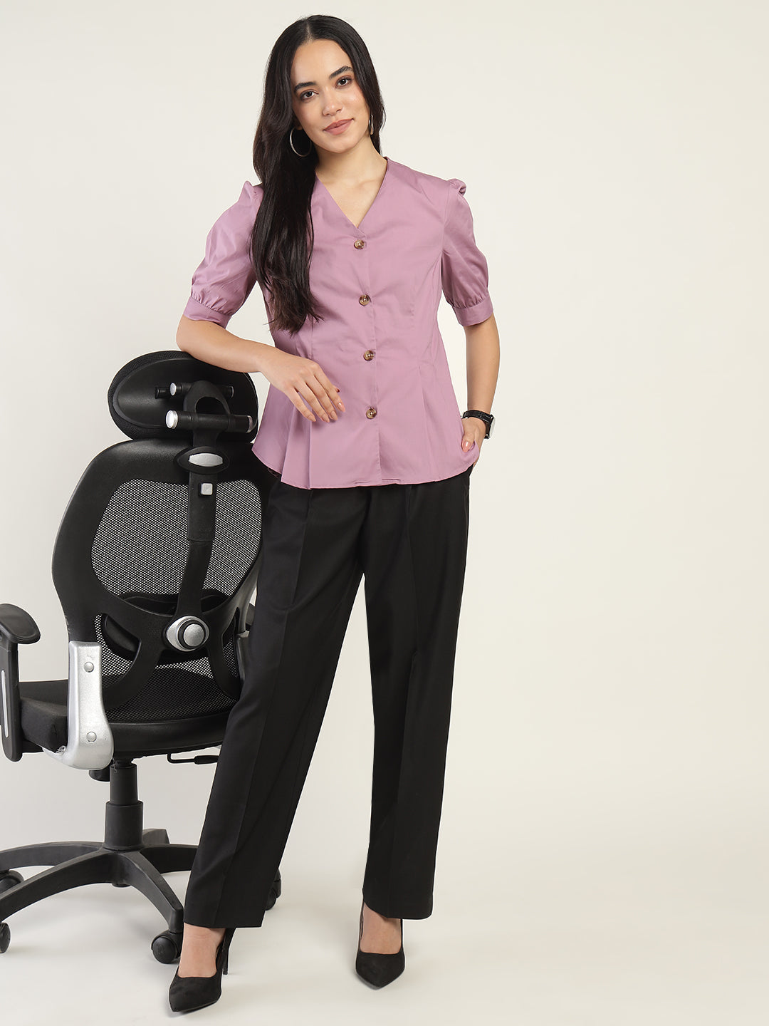 Women Light Purple Solid Cotton Elastene Regular Fit Formal Shirt