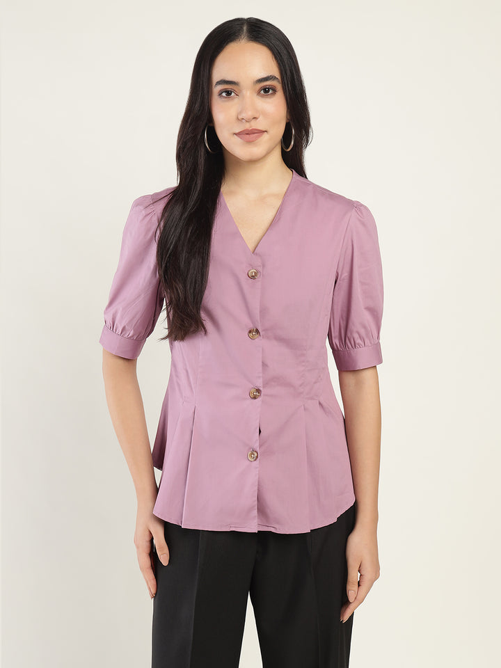 Women Light Purple Solid Cotton Elastene Regular Fit Formal Shirt