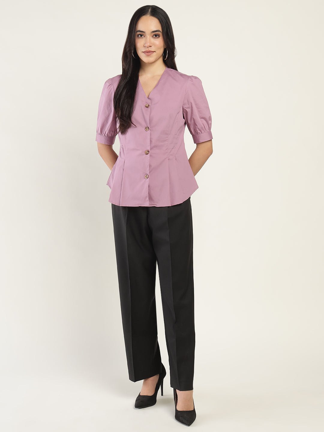 Women Light Purple Solid Cotton Elastene Regular Fit Formal Shirt