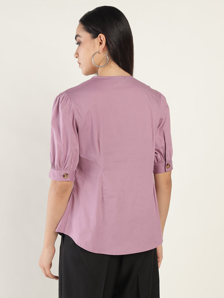 Women Light Purple Solid Cotton Elastene Regular Fit Formal Shirt
