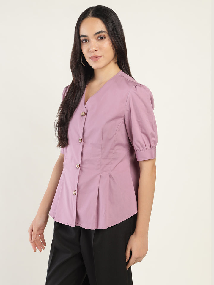 Women Light Purple Solid Cotton Elastene Regular Fit Formal Shirt
