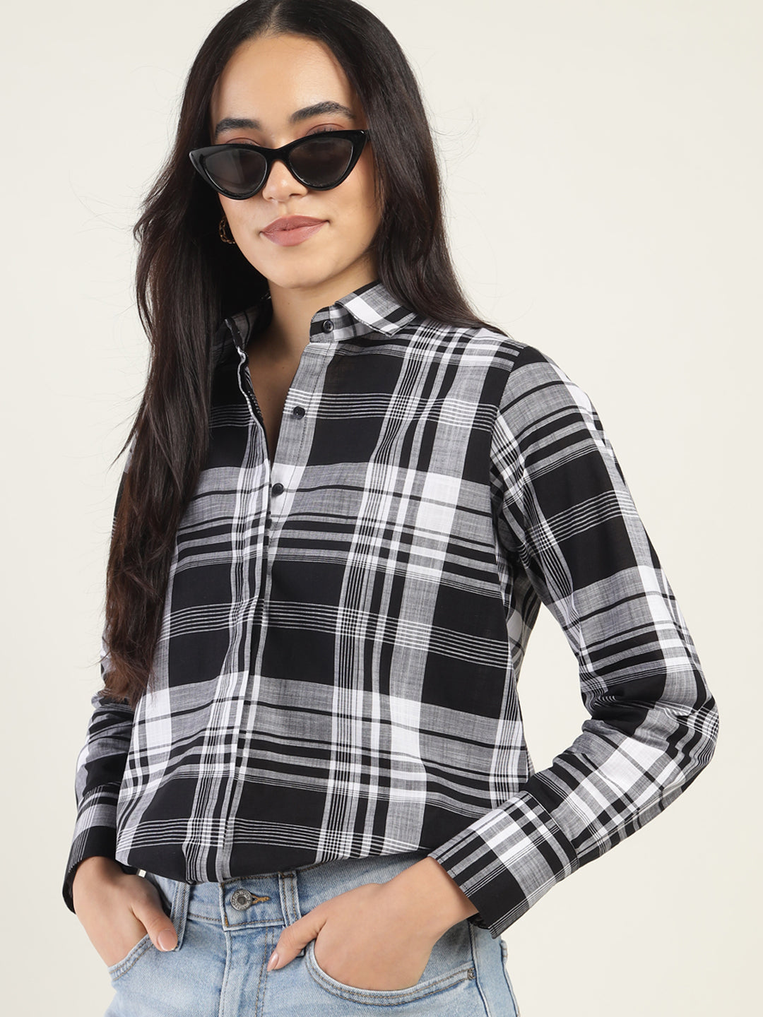 Women White & Black Checked Pure Cotton Relaxed Fit Formal Shirt