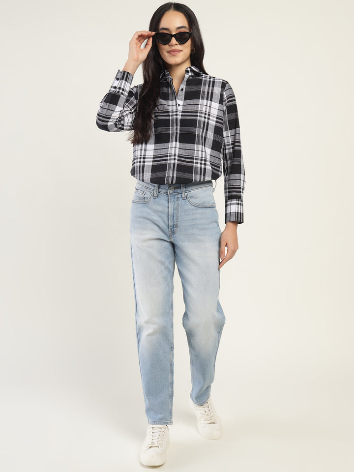 Women White & Black Checked Pure Cotton Relaxed Fit Formal Shirt