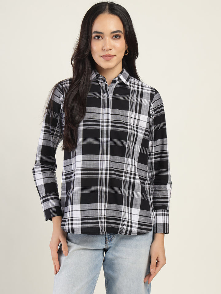 Women White & Black Checked Pure Cotton Relaxed Fit Formal Shirt
