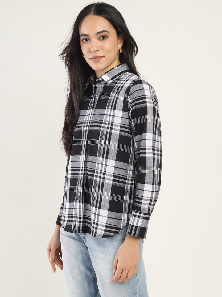 Women White & Black Checked Pure Cotton Relaxed Fit Formal Shirt