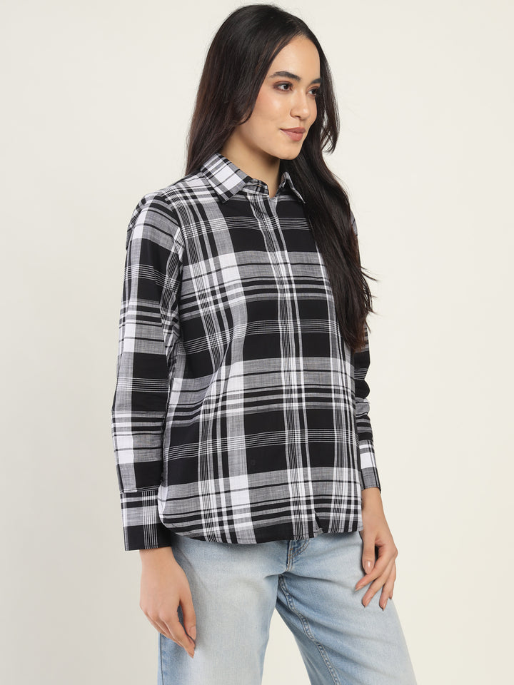 Women White & Black Checked Pure Cotton Relaxed Fit Formal Shirt