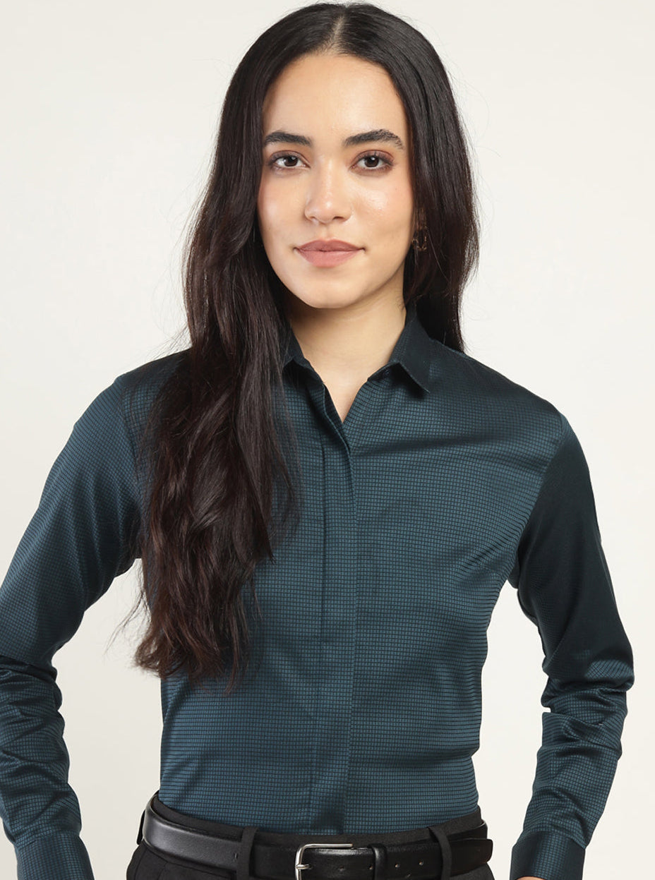 Women Cyan Checked Pure Cotton Regular Fit Formal Shirt