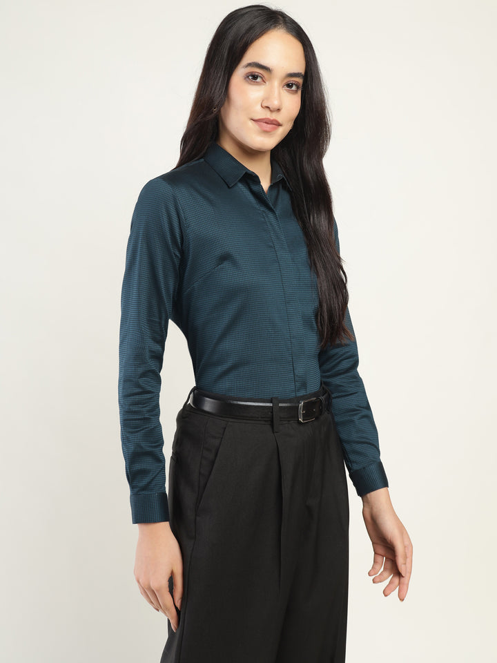 Women Cyan Checked Pure Cotton Regular Fit Formal Shirt