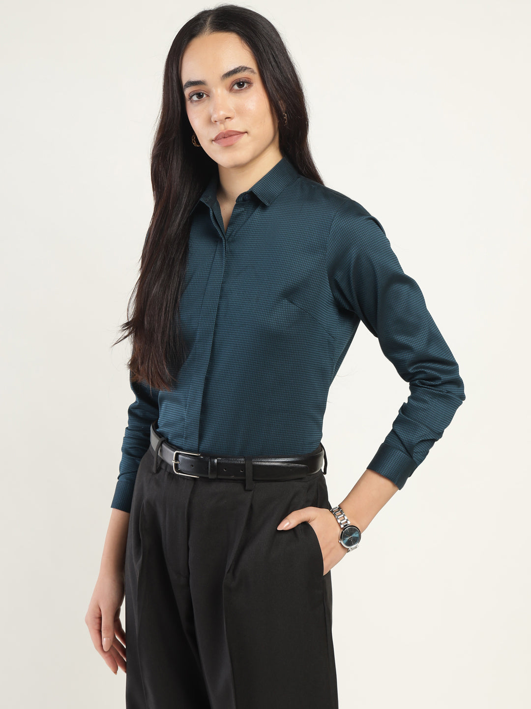 Women Cyan Checked Pure Cotton Regular Fit Formal Shirt