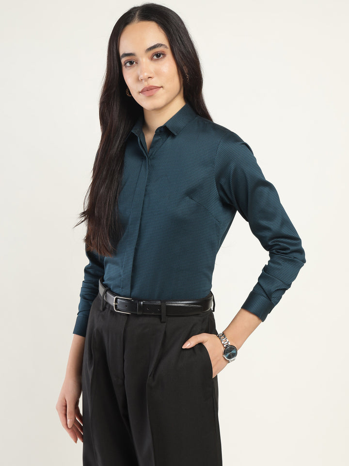 Women Cyan Checked Pure Cotton Regular Fit Formal Shirt