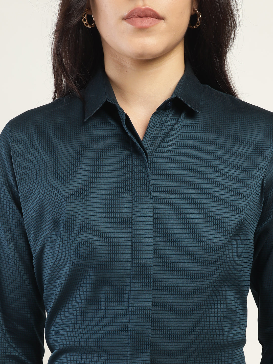 Women Cyan Checked Pure Cotton Regular Fit Formal Shirt
