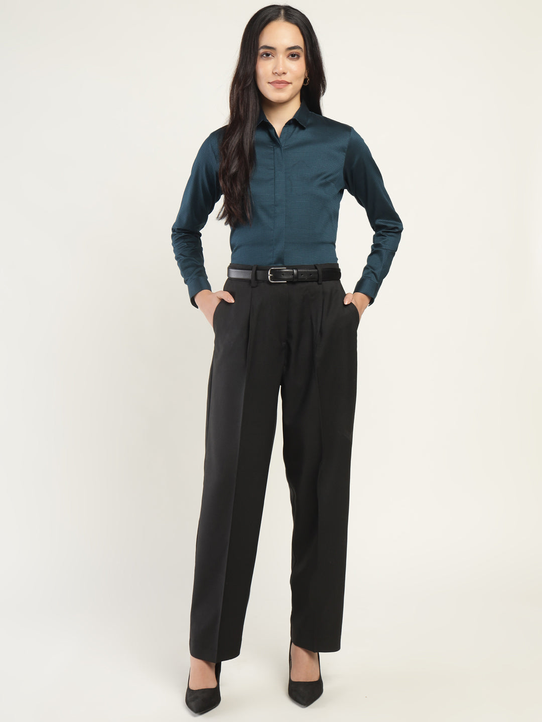 Women Cyan Checked Pure Cotton Regular Fit Formal Shirt