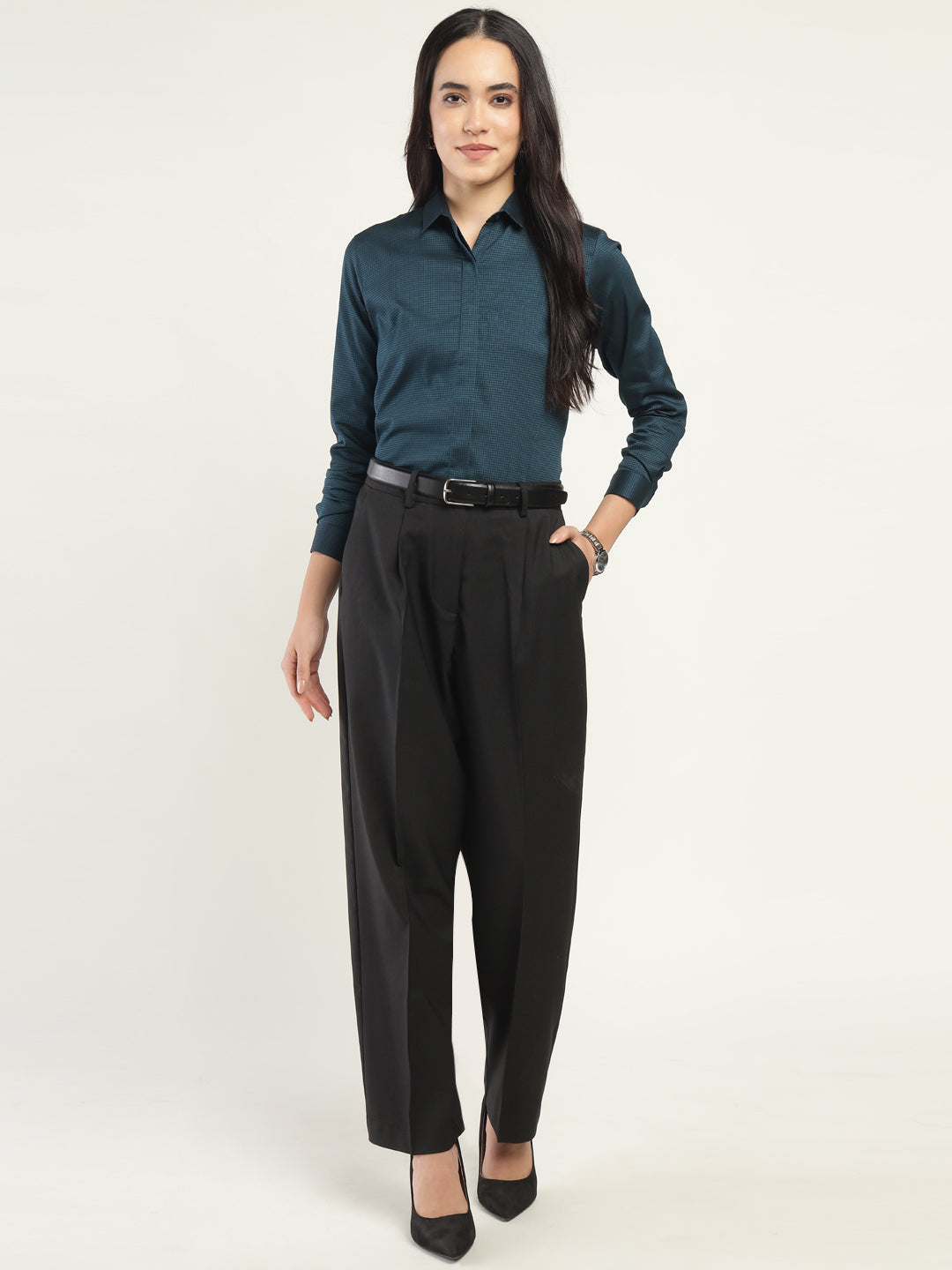 Women Cyan Checked Pure Cotton Regular Fit Formal Shirt