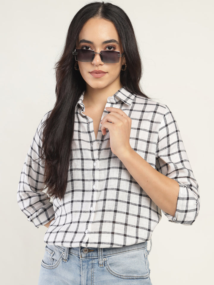 Women Cream & Black Checked Pure Cotton Relaxed Fit Casual Shirt