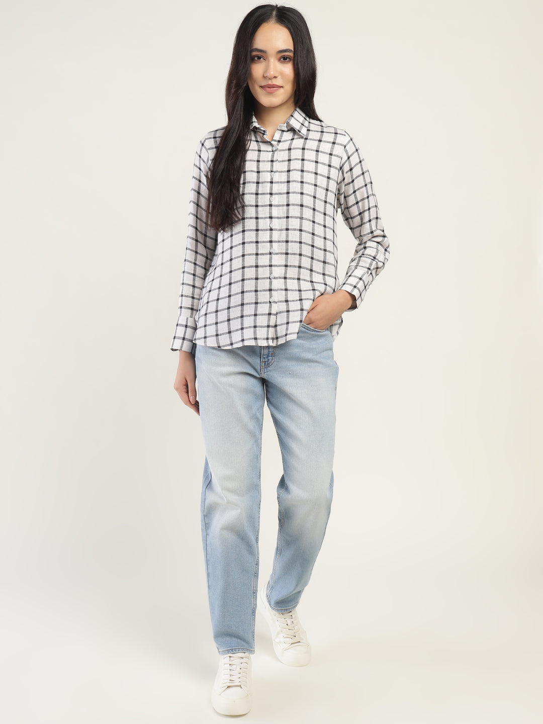 Women Cream & Black Checked Pure Cotton Relaxed Fit Casual Shirt