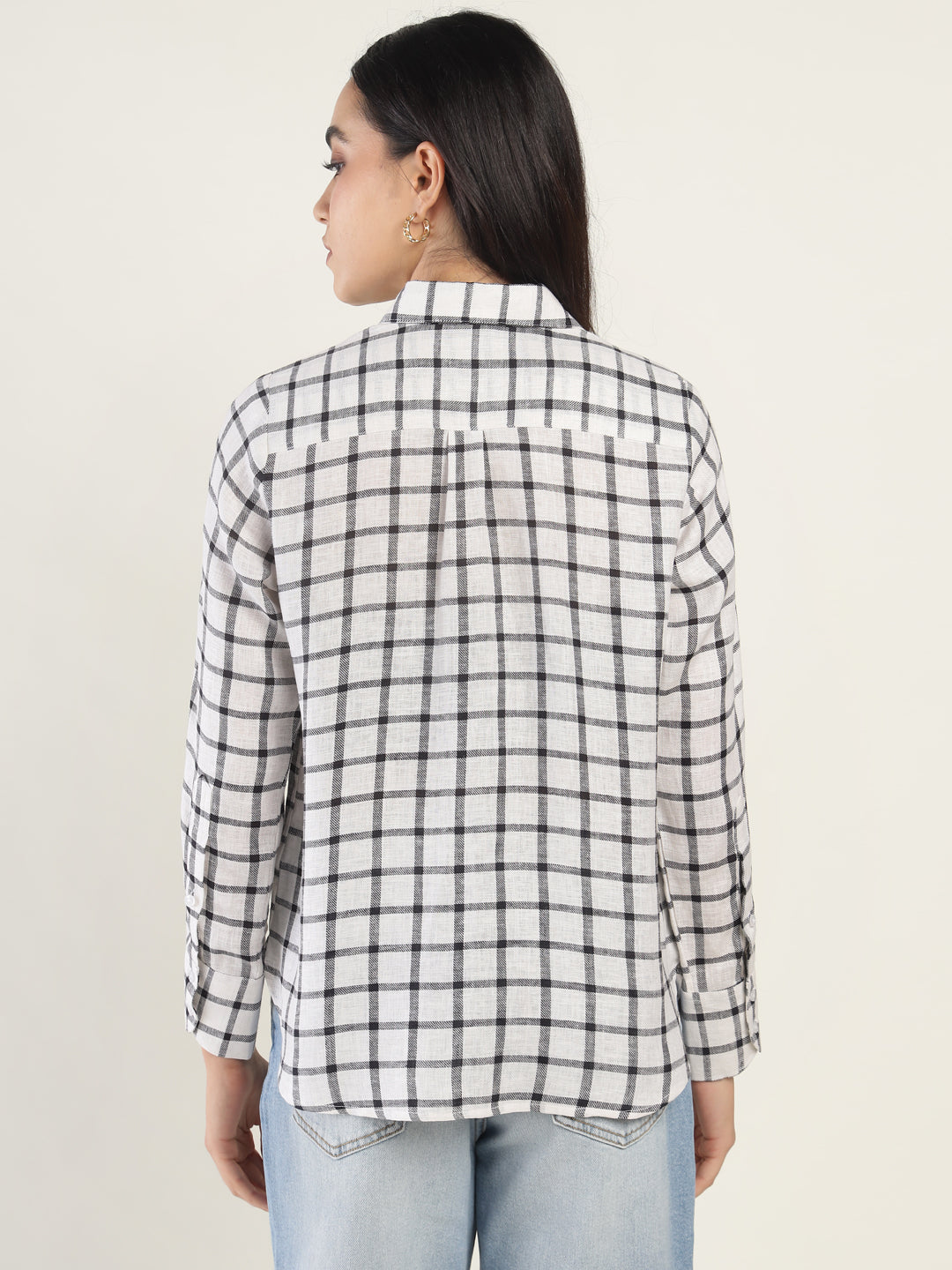 Women Cream & Black Checked Pure Cotton Relaxed Fit Casual Shirt