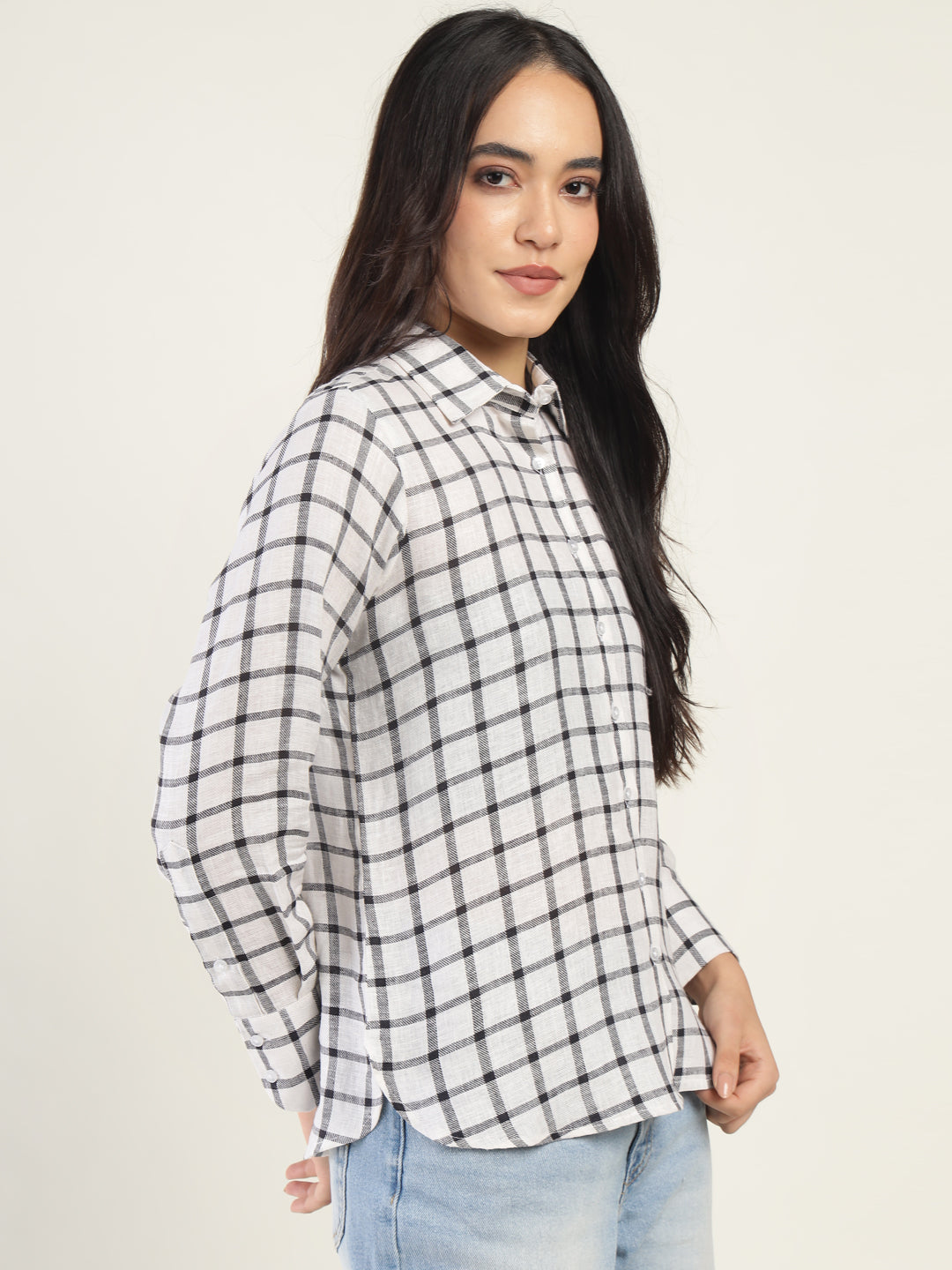 Women Cream & Black Checked Pure Cotton Relaxed Fit Casual Shirt