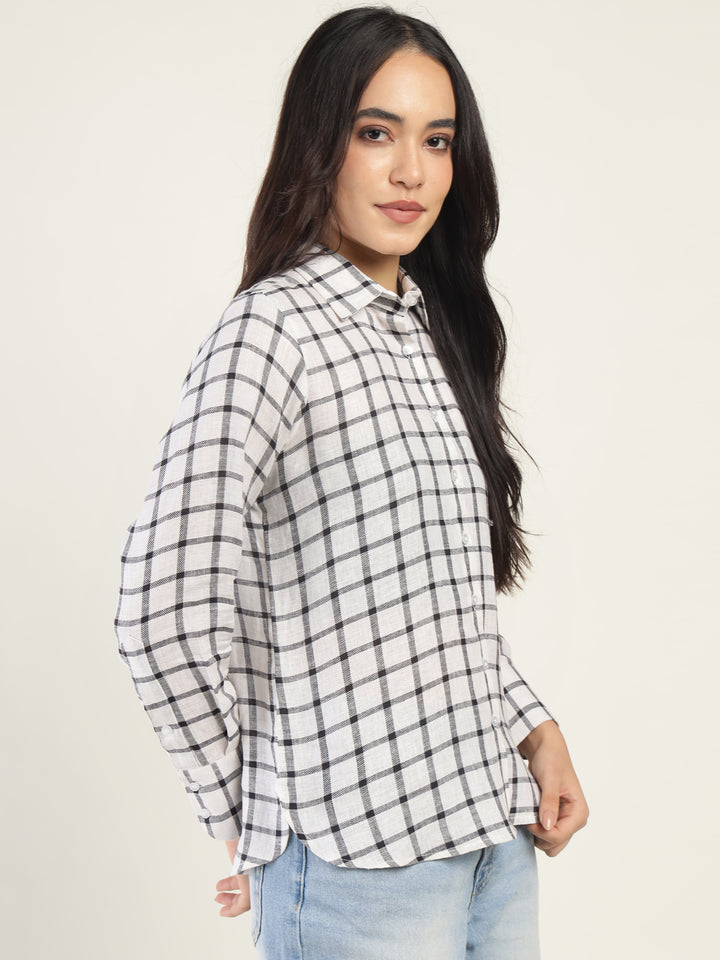 Women Cream & Black Checked Pure Cotton Relaxed Fit Casual Shirt