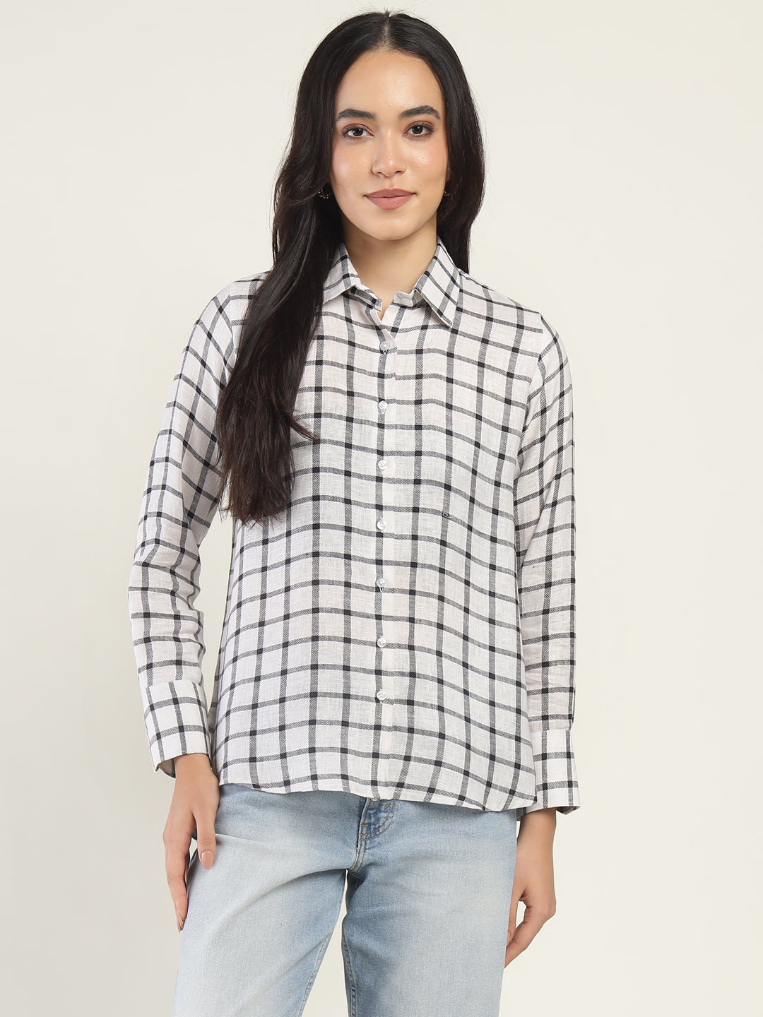Women Cream & Black Checked Pure Cotton Relaxed Fit Casual Shirt