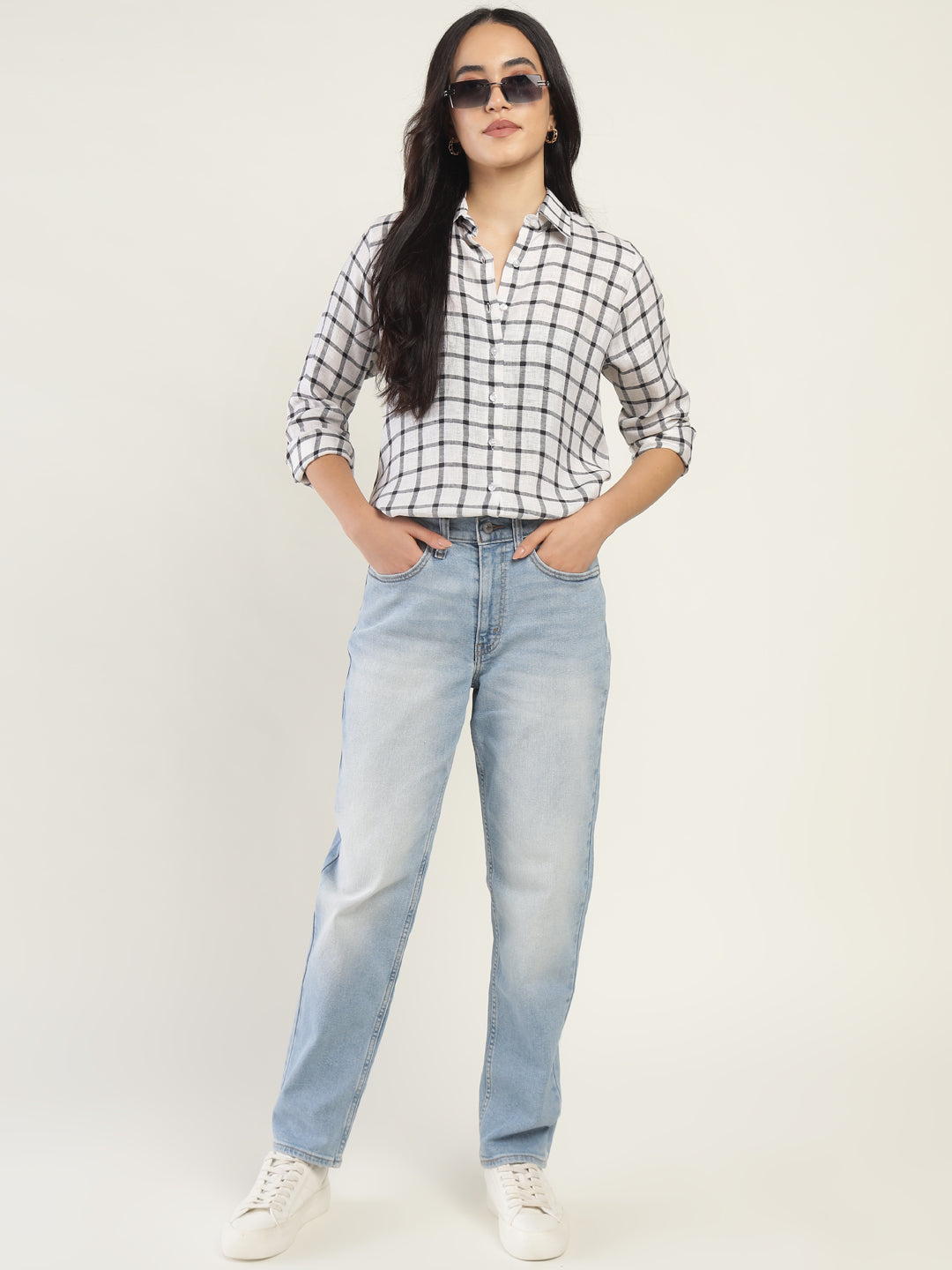 Women Cream & Black Checked Pure Cotton Relaxed Fit Casual Shirt