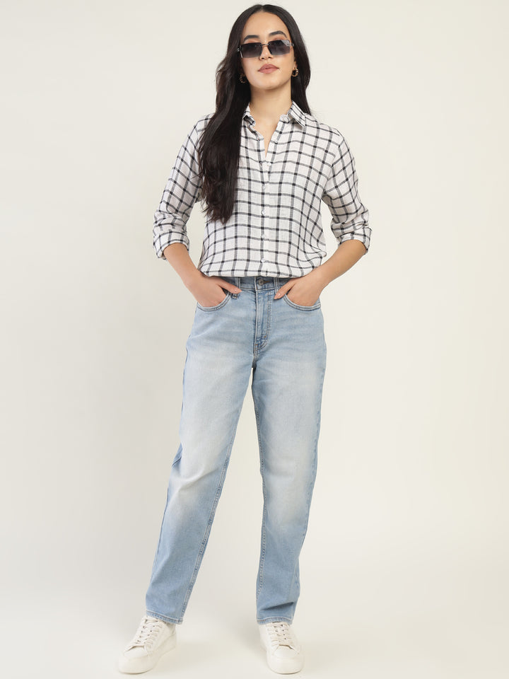 Women Cream & Black Checked Pure Cotton Relaxed Fit Casual Shirt