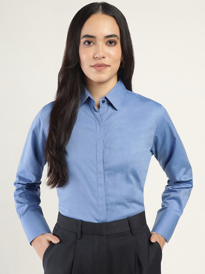 Women Blue Solid Pure Cotton Relaxed Fit Formal Shirt