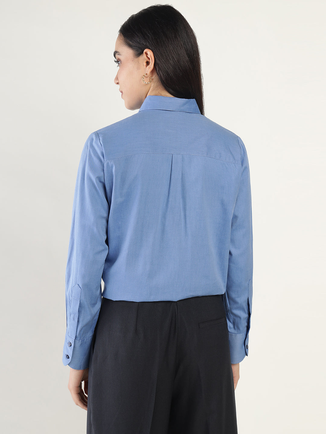 Women Blue Solid Pure Cotton Relaxed Fit Formal Shirt