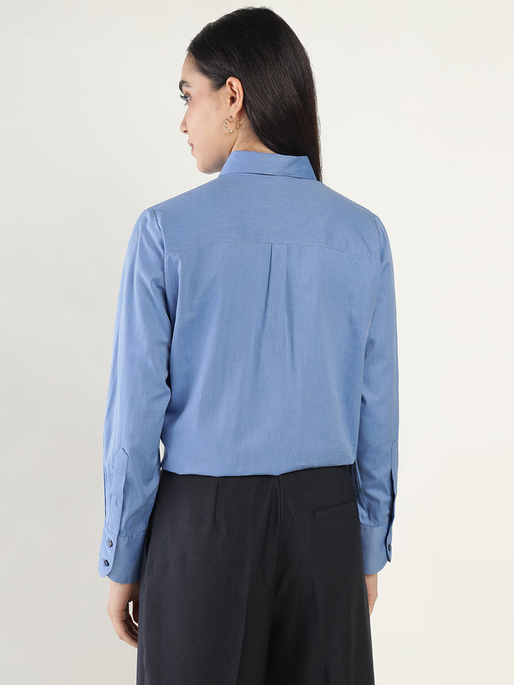 Women Blue Solid Pure Cotton Relaxed Fit Formal Shirt