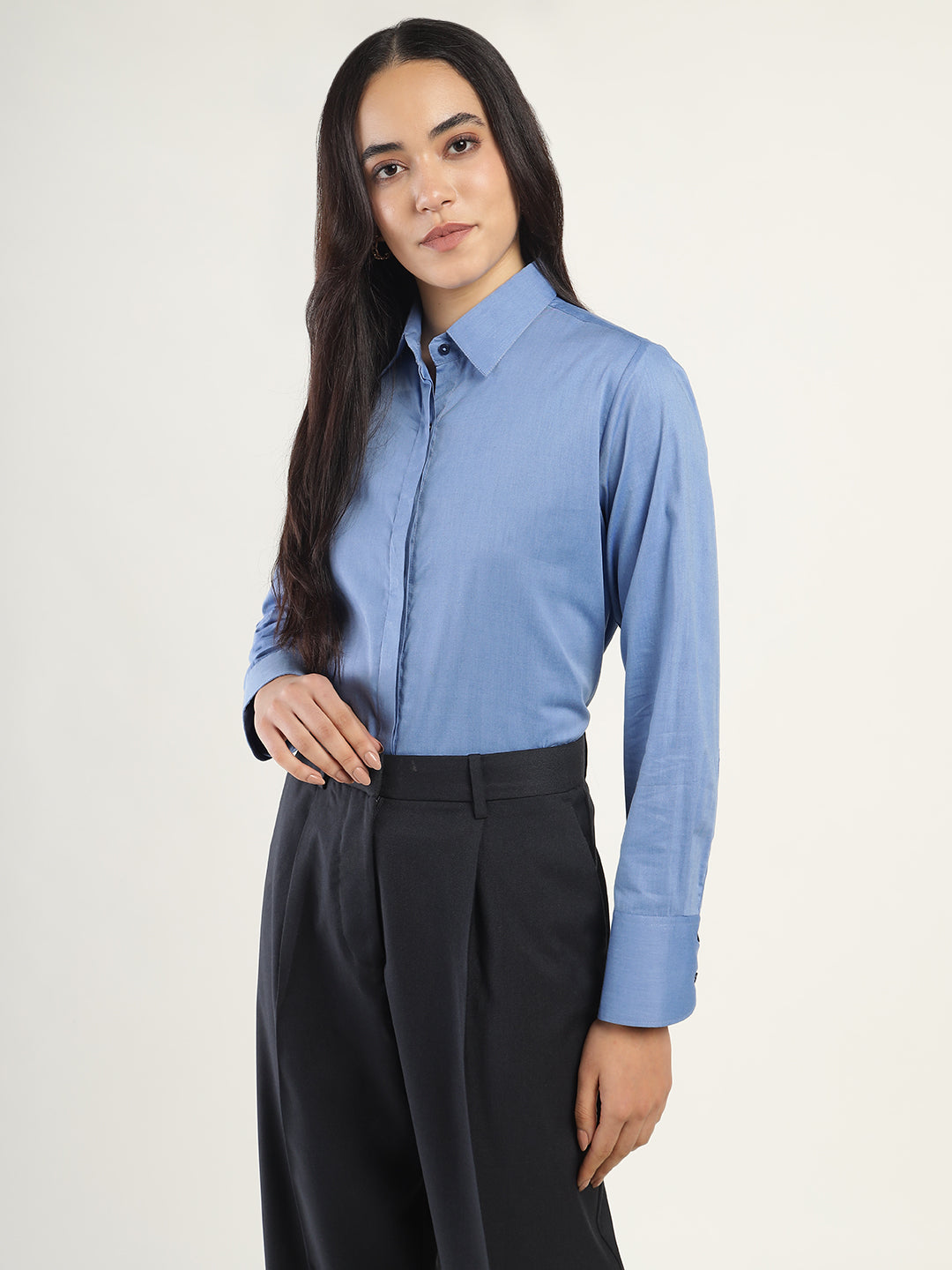 Women Blue Solid Pure Cotton Relaxed Fit Formal Shirt
